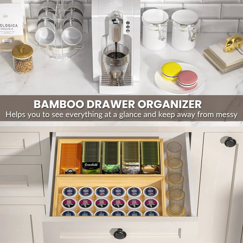 Stackable Bamboo Kitchen Drawer Organizer Bins For Silverware And Flatware, Coffee Pod Holder And K Cup Organizer in drawer