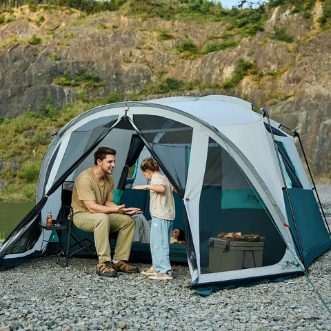 Six Person Family Camping Tent With Screen Porch Weatherproof All Season Large Cabin Style Shelter setup outdoors by a river