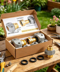 Premium Garden Hose Repair Kit With Extra Aluminum Connectors And Stainless Steel Clamps For 3/4 And 5/8 Inch Water Hoses That Stop Leaks Fast And Keep Your Outdoor Setup Running Smooth All Summer Long Without Breaking The Bank Or Dealing With Flimsy. open box with garden hose repair fittings, 3/4 and 5/8 inch