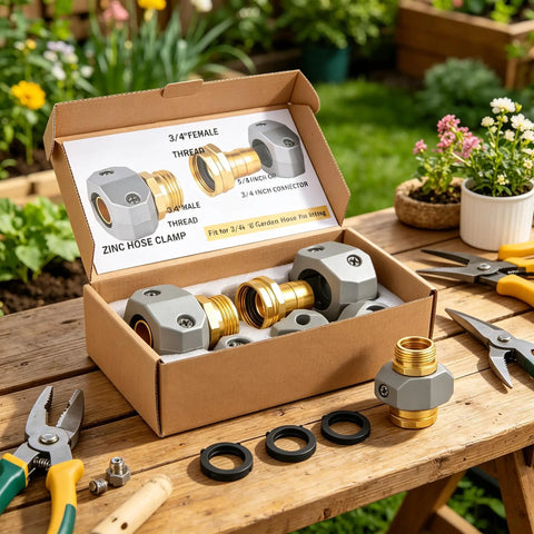 Premium Garden Hose Repair Kit With Extra Aluminum Connectors And Stainless Steel Clamps For 3/4 And 5/8 Inch Water Hoses That Stop Leaks Fast And Keep Your Outdoor Setup Running Smooth All Summer Long Without Breaking The Bank Or Dealing With Flimsy. open box with garden hose repair fittings, 3/4 and 5/8 inch