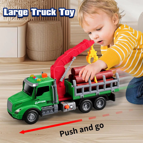 Child playing with Big Farm Logging Truck Toy with moving crane and logs, lights and sounds, friction powered vehicle.