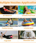 Image showing various applications for Portable Rechargeable Electric SUP Pump For Stand Up Paddleboards On The Go With Dual-Stage Inflation And Deflation Auto Off At 20 PSI Ultra-Light 2.9 Lb Compact Air Pump For Kayaks Tents And Other Gear, including air mattress, inflatable pool float, paddle boards, inflatable boat, yoga ball, and inflatable tent.