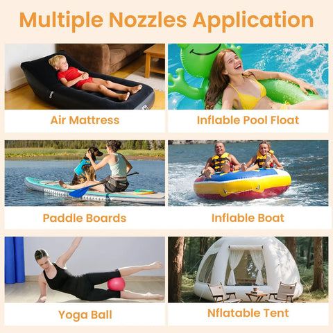 Image showing various applications for Portable Rechargeable Electric SUP Pump For Stand Up Paddleboards On The Go With Dual-Stage Inflation And Deflation Auto Off At 20 PSI Ultra-Light 2.9 Lb Compact Air Pump For Kayaks Tents And Other Gear, including air mattress, inflatable pool float, paddle boards, inflatable boat, yoga ball, and inflatable tent.
