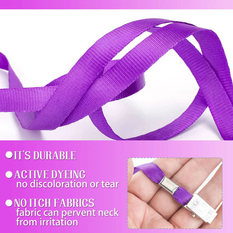Close-up of purple lanyard fabric and clip, from Purple Lanyards For IDs, 100 Pack, 18 Inch Polyester Lanyards With Swivel Hook And Clip
