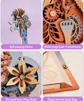 Dope 3D Wooden Cello Puzzle Model Kit With Mechanical Music Box And UV Gradient Finish For Adults, DIY Gift For Him Or Her, Gear Drive Cello Playing The Blue Danube, Unique Home Decor And Hobby Set close-up wooden gear mechanism and flower detail