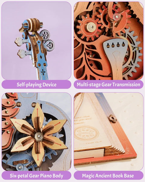 Dope 3D Wooden Cello Puzzle Model Kit With Mechanical Music Box And UV Gradient Finish For Adults, DIY Gift For Him Or Her, Gear Drive Cello Playing The Blue Danube, Unique Home Decor And Hobby Set close-up wooden gear mechanism and flower detail