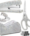 White Rhinestone Bling Stapler And Tape Dispenser Set With Glam Scissors And Staple Remover 1000 Staples Included
