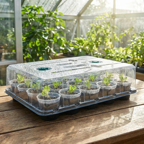 Two Pack 3 Inch Seed Starter Trays With Grow Lights And Humidity Domes showcasing seedlings inside clear nursery pots on a wooden table.