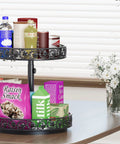 Two-tier black metal lazy Susan turntable, 12-inch diameter, height adjustable, kitchen counter spice rack.