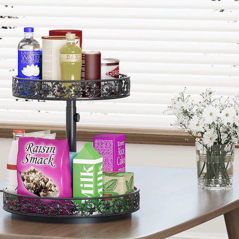 Two-tier black metal lazy Susan turntable, 12-inch diameter, height adjustable, kitchen counter spice rack.