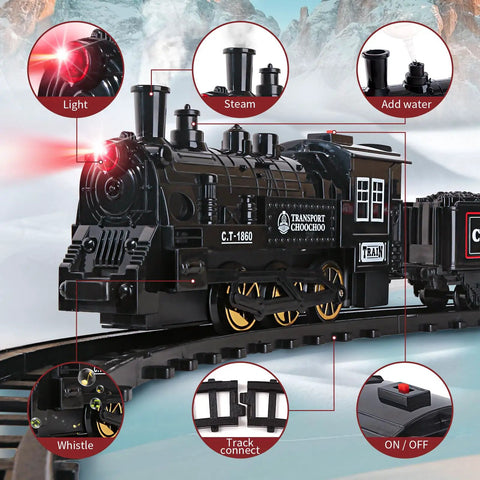 Electric Train Set For Kids With Steam Locomotive And Cargo Cars Tracks And Railway Kit Lights Smoke And Sound 55 Inch By 35 Inch Layout
