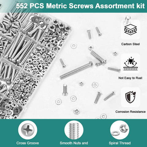 552 Piece Metric Screws Nuts And Bolts Assortment Kit Contains M3 M4 M5 M6 Fasteners With Hex Nuts And Flat Washers