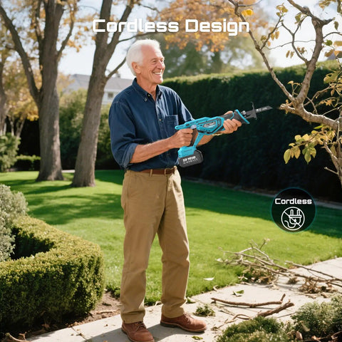 Man using Cordless Reciprocating Saw With Brushless Motor, 3500 RPM, for tree branch cutting in garden
