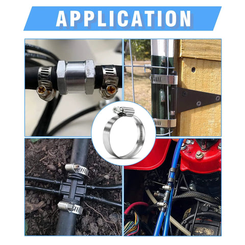 12 Pack Heavy Duty Stainless Steel Hose Clamps 304 Adjustable Worm Gear Drive Five Eighths Inch To One And One Sixteenth Inch Range 12mm Band Width For Plumbing Garden Automotive And Industrial Use shown in various applications