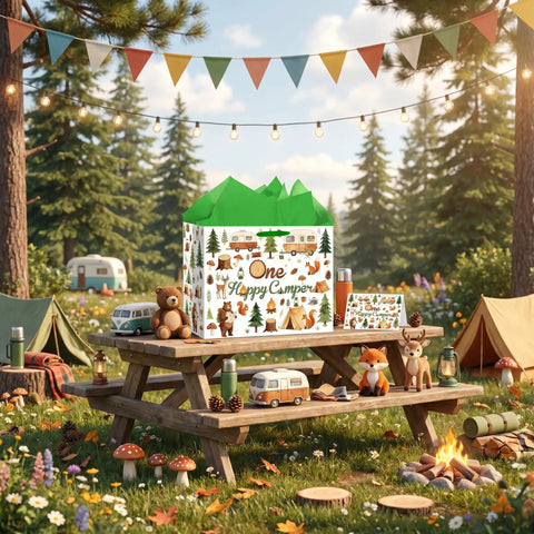 Camping Themed Gift Bag With Tissue Paper And Greeting Card Watercolor Woodland Forest Adventure Design For First Birthday Bash on a picnic table.