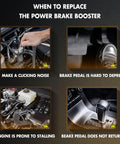 Signs to replace power brake booster: clicking noise, hard brake pedal, stalling engine, non-returning pedal.