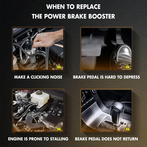 Signs to replace power brake booster: clicking noise, hard brake pedal, stalling engine, non-returning pedal.