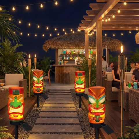 2 Pack 17 Inch Tiki Solar Lights Outdoor Garden Decor Waterproof Resin Statues That Automatically Glow At Night for Tiki Bar