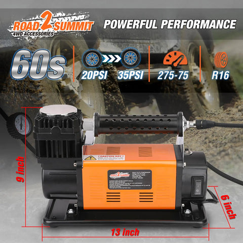 Heavy Duty Portable 12V Air Compressor Kit And Tire Inflator Beast With 150 Psi Max Pressure And 6 Point 35 Cfm Flow in rugged design.