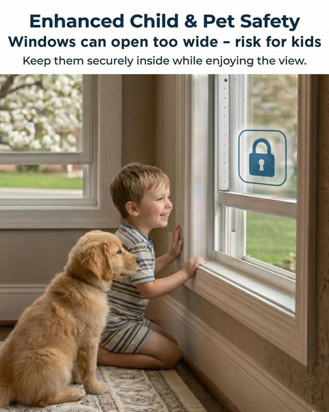 Child and dog looking out window with Adjustable Window Security Bar And Sliding Door Lock For Home And Apartment installed.