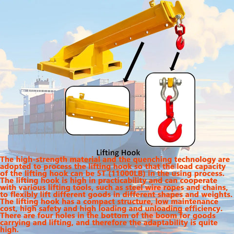 Heavy Duty Adjustable Mobile Crane Telescopic Boom With 11000 Lb Forklift Rig And Truss Jib Lifting Hoist hook attached, showcasing lifting capacity.