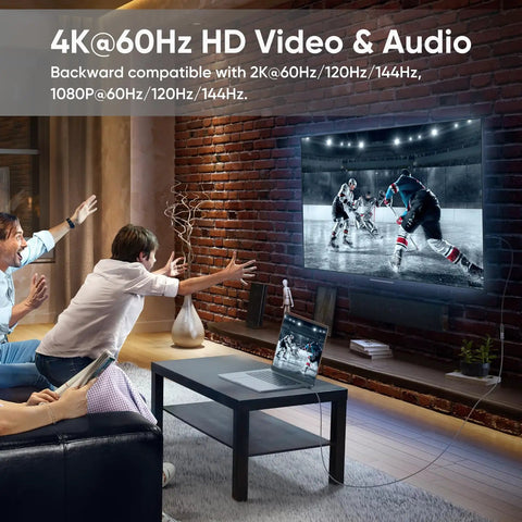 Straight Up Go Fast USB C Extension Cable 6.6 Feet Long connecting laptop to TV for 4K 60Hz video playback in a living room.