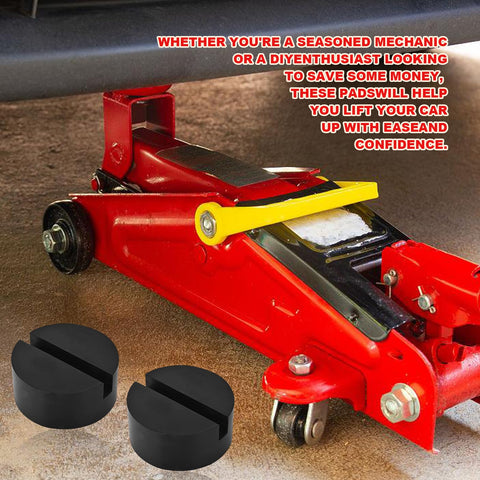 2 Pack Rubber Floor Jack Pad Kit For Universal Car Lifts And Jack Stands Heavy Duty Slotted Frame Rail Pinch Weld Protection Anti Slip Thick Rubber Pads Sized 2.8 Inch Diameter And 1.3 Inch Tall shown near a red floor jack lifting a car