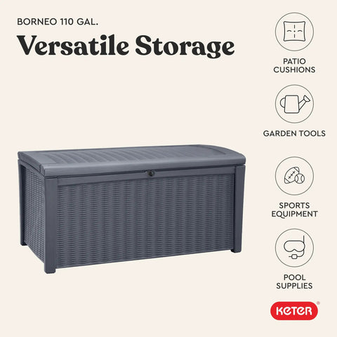 Borneo 110 Gallon Outdoor Storage Deck Box For Patio Backyard And Garden Grey Lockable Waterproof Sturdy Plastic Storage Bench