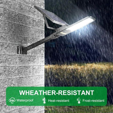 Solar Street Light Outdoor 15000 Lumen Flood Light IP67 Waterproof With Remote Control mounting on brick wall in rain