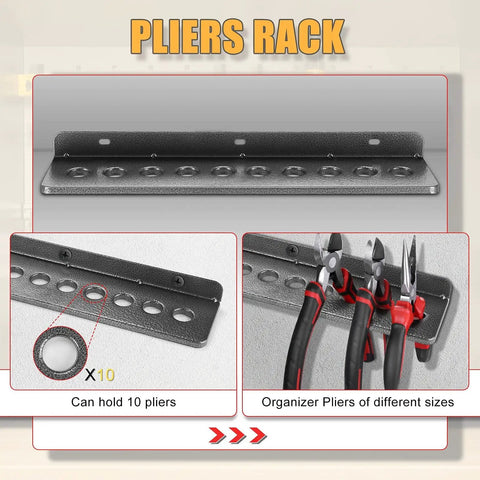 Metal Wall Mounted Tool Organizer Set for Workshop, Pliers Rack holds 10 pliers, durable steel construction, installed view