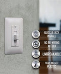 Masque 2000 Mid Size White 1-Gang Decorator Toggle Wall Plate With Toggle Cover installed on wall, installation benefits displayed