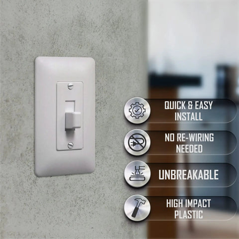Masque 2000 Mid Size White 1-Gang Decorator Toggle Wall Plate With Toggle Cover installed on wall, installation benefits displayed