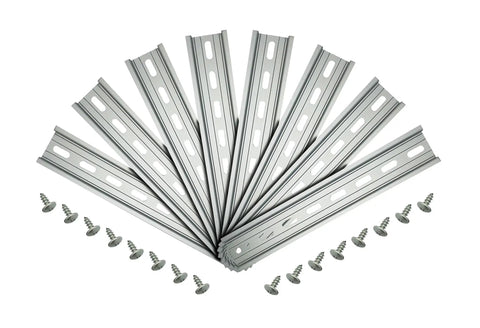 8 Piece Slotted Aluminum DIN Rail Kit 8 Inch Long 35mm Wide Includes Stainless Steel Screws For Mounting Relays Contactors Circuit Breakers And Terminal Blocks RoHS Compliant displayed with screws on white background