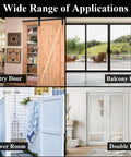 Wopanxye Flip Gate Latch for Barn Door shown on various doors including pantry, balcony, shower room, and double door arrangements.