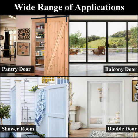 Wopanxye Flip Gate Latch for Barn Door shown on various doors including pantry, balcony, shower room, and double door arrangements.