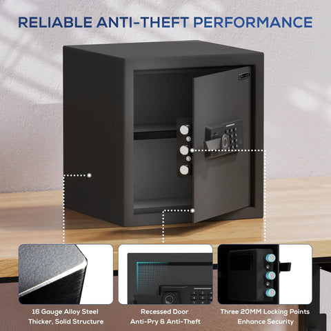 Biometric Safe Box With Fireproof Bag, Quick-Access Fingerprint Sensor showing alloy steel structure and locking points.