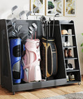 Wooden Golf Bag Organizer With Wheels For Garage And Home Use Holds 3 Golf Bags And Gear Durable Gray Storage Rack