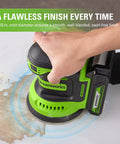 Cordless 24V 5-Inch Random Orbital Sander Kit With Variable Speed in use on wood surface, showing dust collection and low-vibration features.