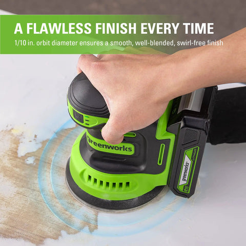 Cordless 24V 5-Inch Random Orbital Sander Kit With Variable Speed in use on wood surface, showing dust collection and low-vibration features.