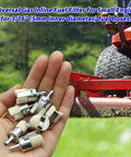 Hand holding Six Pack 3/16 Inch Inline Fuel Filters for trimming tools near red lawnmower, background blurred.