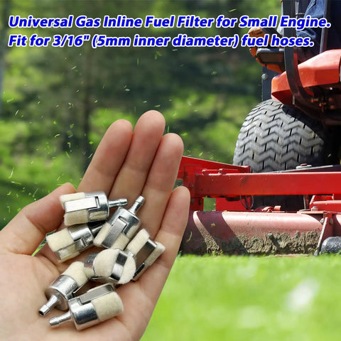 Hand holding Six Pack 3/16 Inch Inline Fuel Filters for trimming tools near red lawnmower, background blurred.