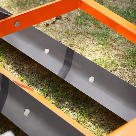 Close-up of Heavy Duty 72 Inch Tractor Land Leveler Scraper Grader Attachment dual blades on grassy terrain