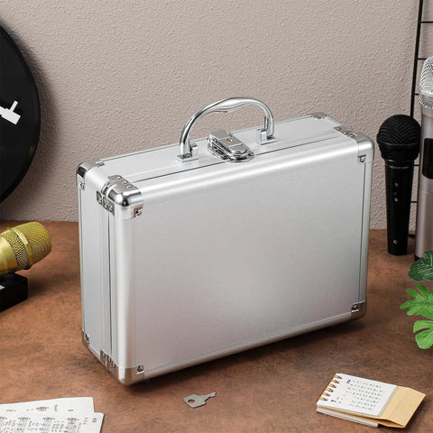 Kickass Top Notch Heavy Duty Aluminum Alloy Tool Case With Custom Foam Insert Hard Shield For Cameras Cosmetics And Small Tech Gear Portable Metal Briefcase Pro on a desk.