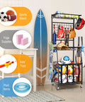 Ball Storage Rack For Garage, Ultra Handy Multi Function Sports Gear Organizer With Movable Hooks, Side Bat Rack And Three Tier Shelf holding sports items