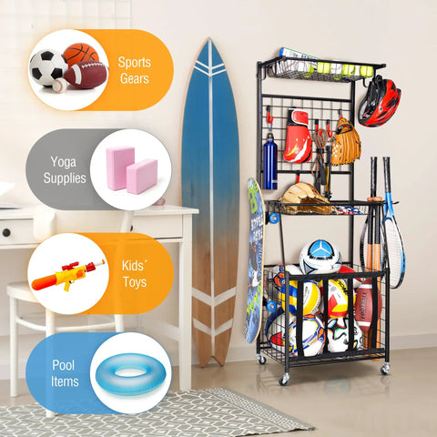 Ball Storage Rack For Garage, Ultra Handy Multi Function Sports Gear Organizer With Movable Hooks, Side Bat Rack And Three Tier Shelf holding sports items
