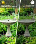 Solar Water Fountain Pump For Bird Bath And Pond Outdoor Garden Pool Backyards 1.5W Solar Powered Fountain With Tubing Auto Start showcasing powerful spray in sunlight and weak spray on cloudy days.