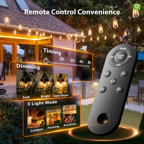 54Ft Solar String Lights Outdoor Weatherproof With USB Charging Remote Dimmable Timable For Patio Chill Vibes shown with remote control and timing settings