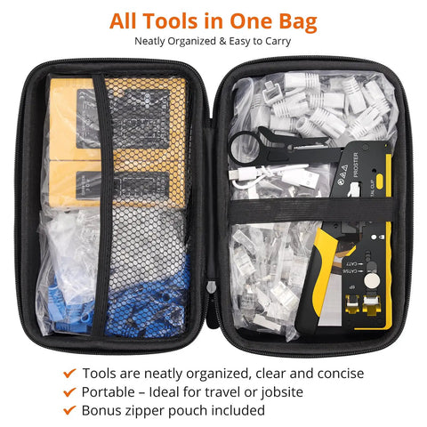 RJ45 Pass-Through Crimp Tool For Cat7 Ethernet Cables kit in zippered storage bag with compartments.