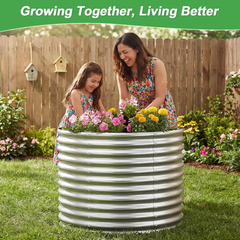 Woman and child gardening with flowers in a Two Pack Round Galvanized Raised Garden Bed For Outdoor Use, 3 By 3 By 3 Feet.