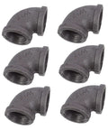 Elbow Iron Pipe Fitting Set, Six Pieces, Three Quarters Inch Industrial Connectors For Plumbing And DIY Projects in a row